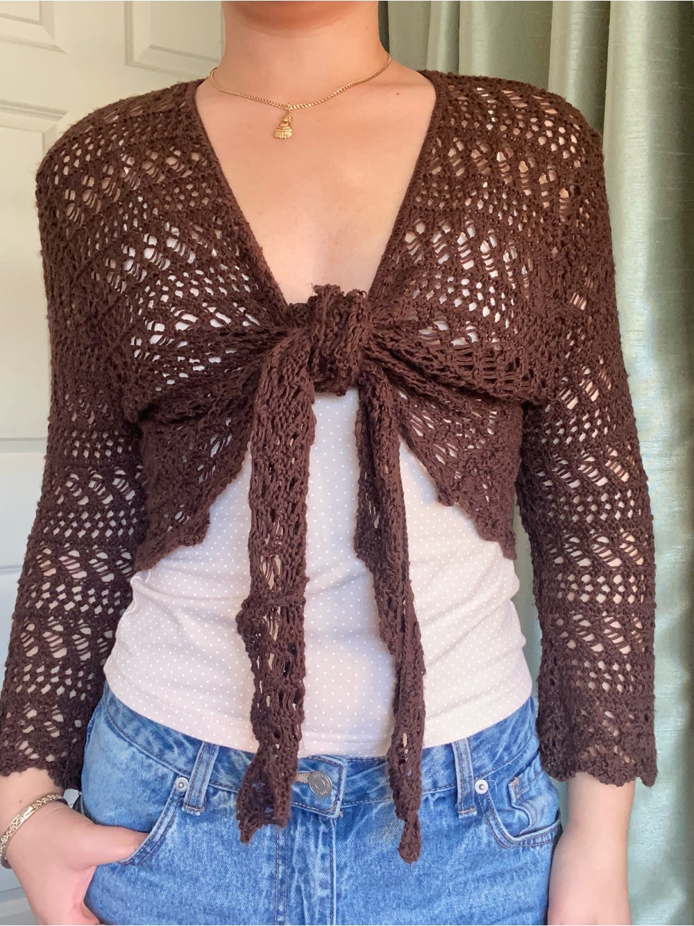 CB Design Crochet Tie-Front Shrug in Chocolate Brown